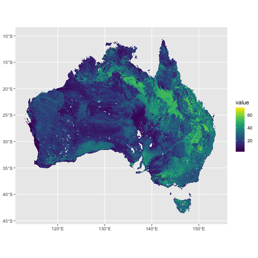 A plot of the soil clay content (%) at a 30-60cm soil depth.